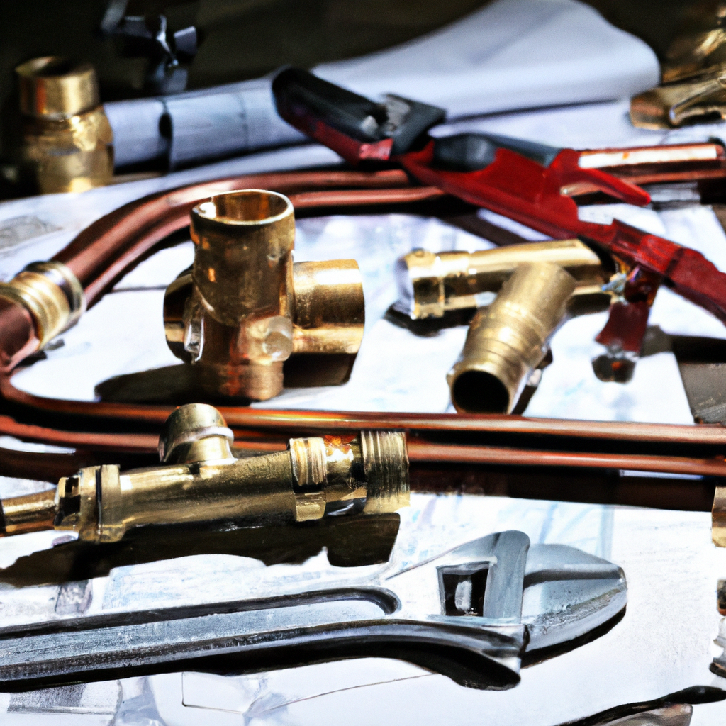 Panoramic stainless pipes, blueprints, wrench, copper fittings on a professional plumbing workbench
