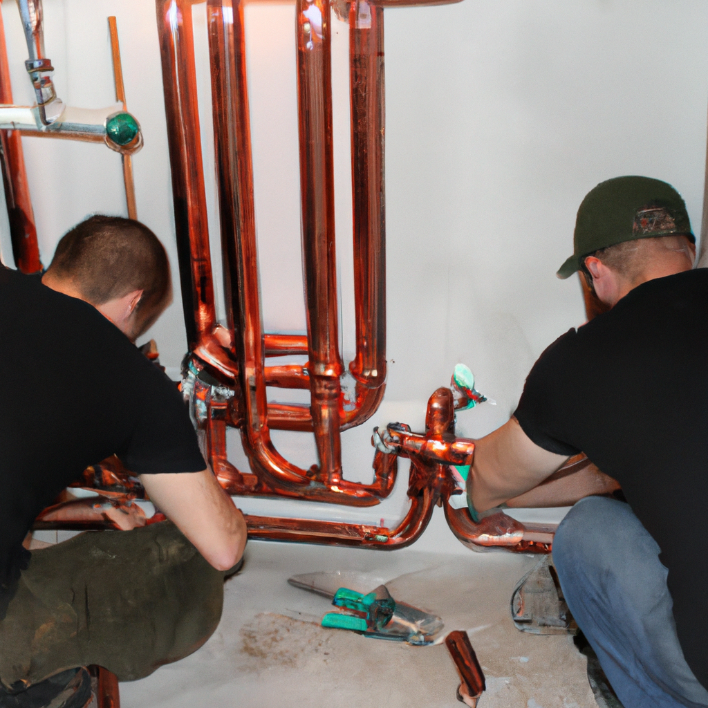 Team of Canadian plumbers installing copper pipes in a modern residential basement with clean workspace, detailed textures, and soft daylight